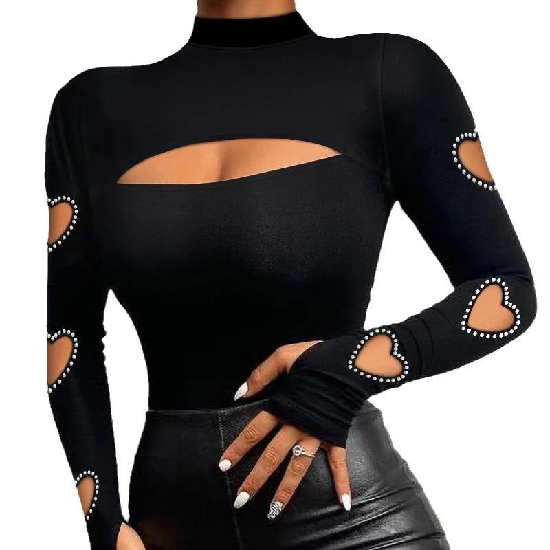 Solid Black Cut Out Heart Shape Long Sleeve Mock Neck T-shirt