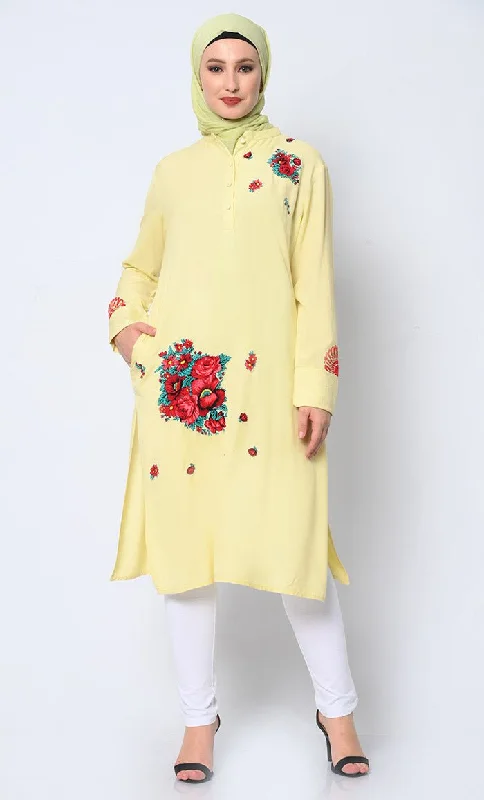 Floral Printed Patchwork Yellow Tunic with Pockets