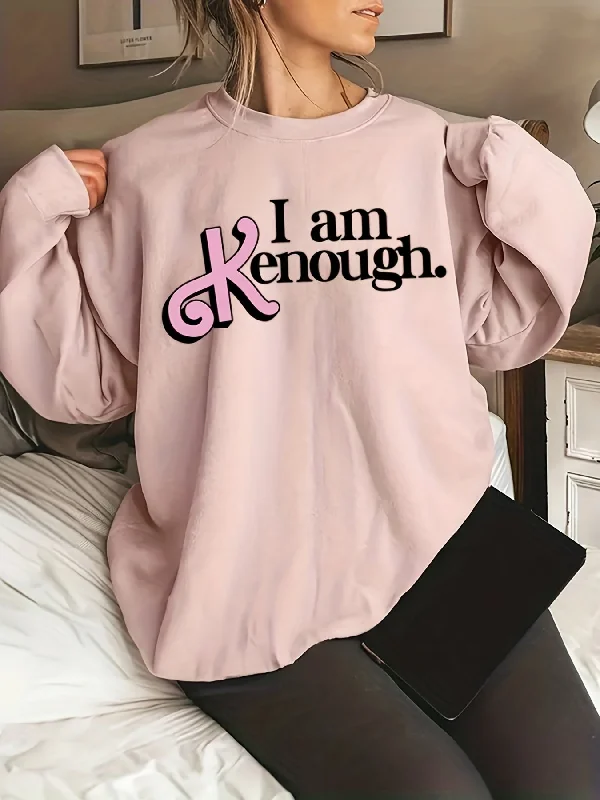 Sixsr Plus Size Halloween Casual Sweatshirt, Women's Plus Slogan Print Long Sleeve Round Neck Sweatshirt