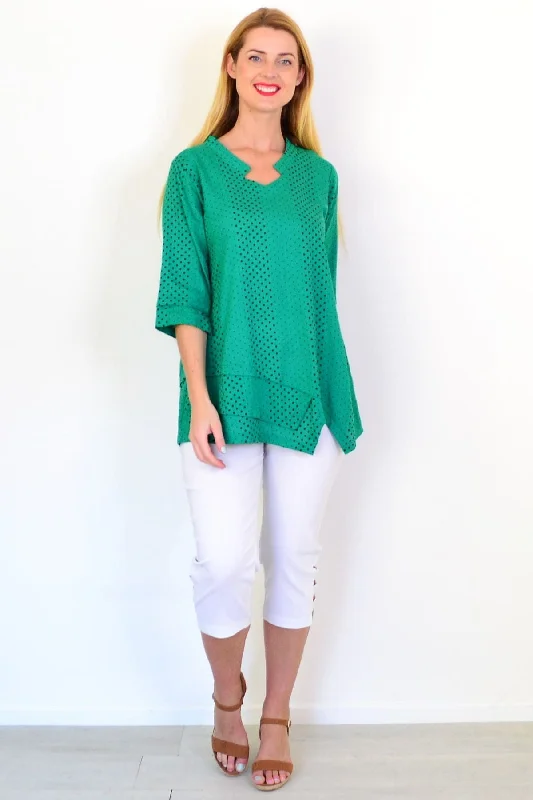 Spotted Green Linen Blend Tunic Top