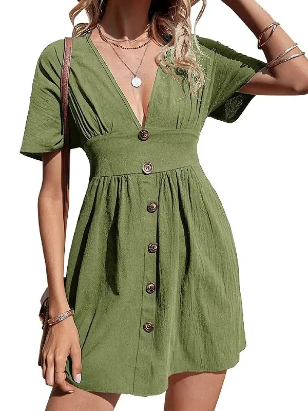 Sixsr Women's Dresses Sexy Solid Color V Neck Button Up Short Sleeve Dresses