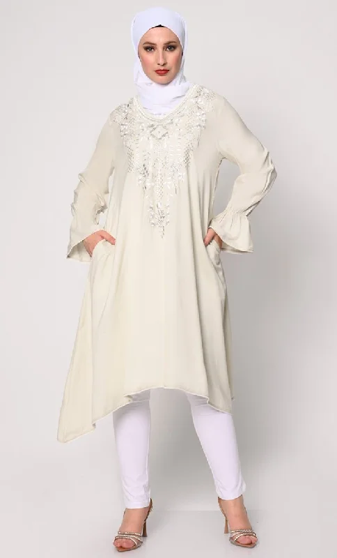 Embroidered Ivory Tunic with Asymmetrical Hem