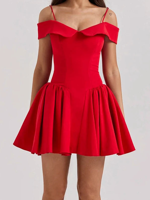 A&A Elegant Off-shoulder A Line Pleated Mini Dress