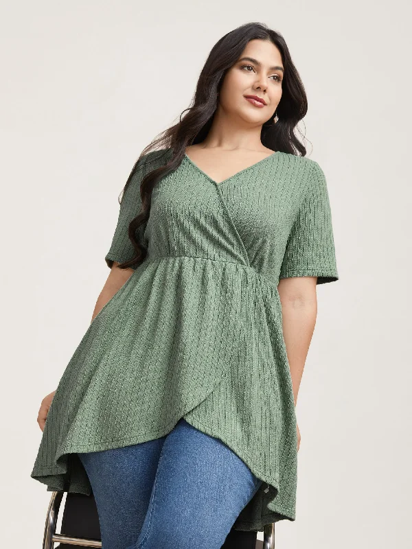 Textured Stretchy Wrap Style Knit Top