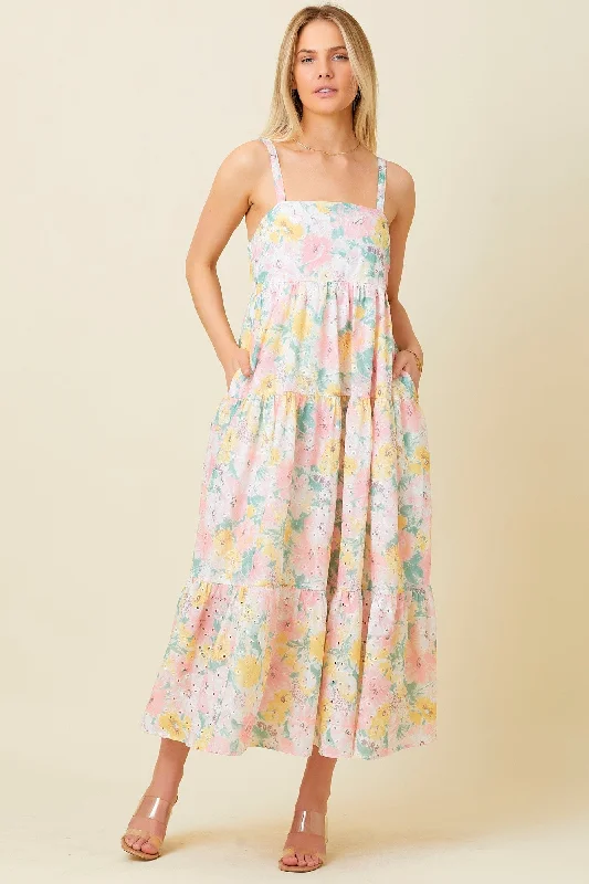 Multi-Color Floral Eyelet Square Neck Midi Dress