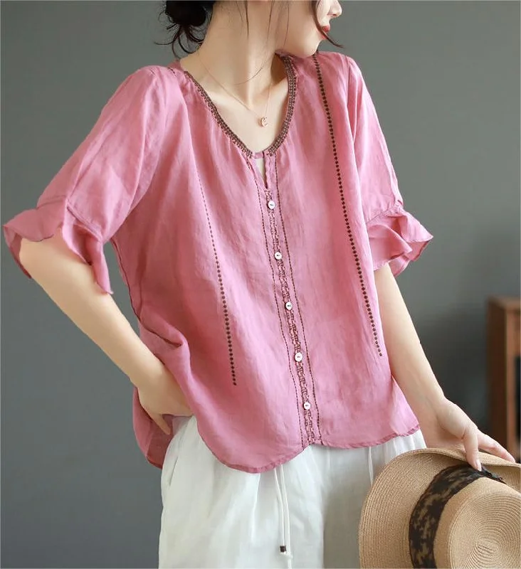 Ruffled Embroidered Linen V-neck T-shirts for Women