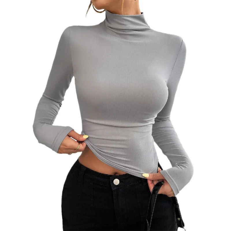 Slim Fit Knit  Solid Color Mock Neck Long Sleeve T-shirt (4 colors)