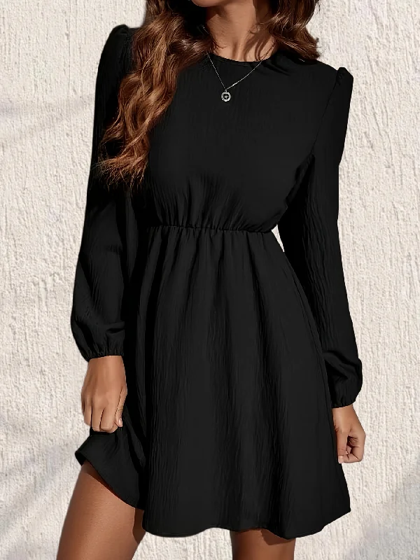 Sixsr Cinched Waist Solid Dress, Elegant Crew Neck Lantern Sleeve Dress, Women's Clothing