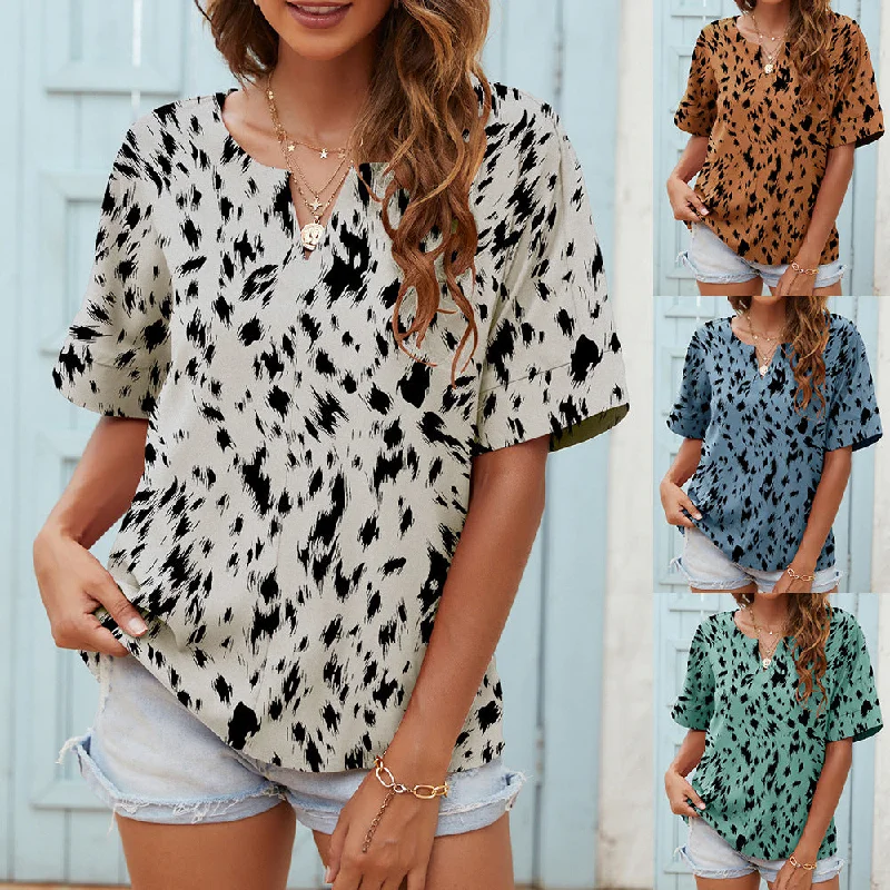 Women's V-neck Leopard Print Short Sleeve Casual Top T-Shirt Wholesale Womens Clothing N3824010500010